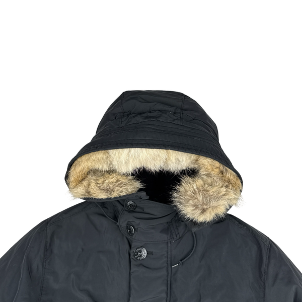 Stone Island 2014 Black Micro Reps Down Filled Fur Trim Parka - Medium