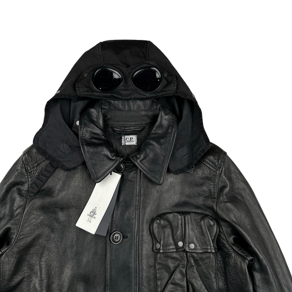 CP Company Black Mille Miglia Leather Goggle Jacket - Large