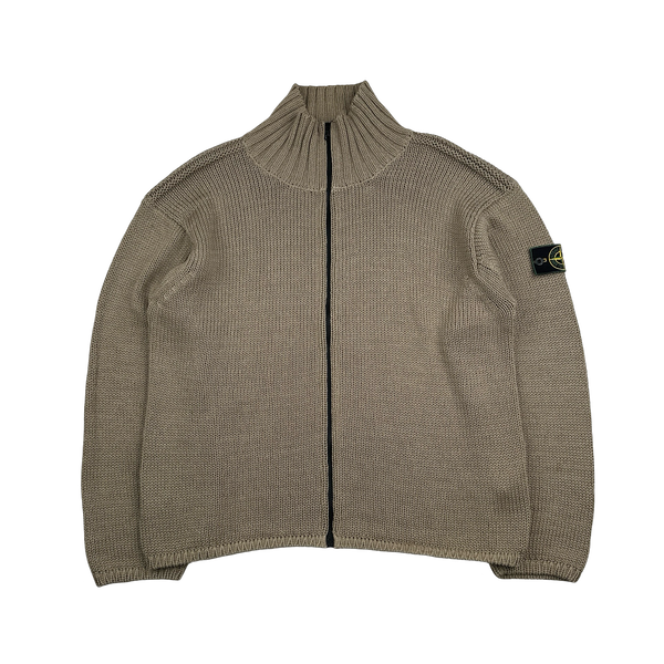 Stone Island 1999 Brown Cotton High Neck Zipped Knit Jumper - XL