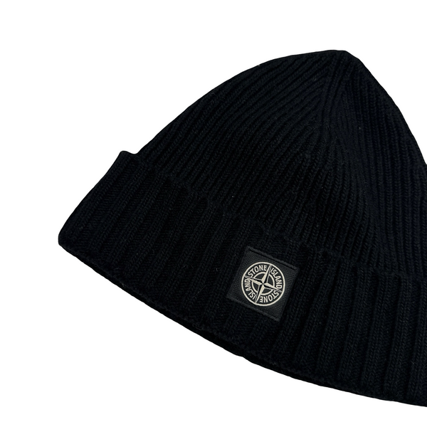 Stone Island Black Ribbed Logo Patch Beanie