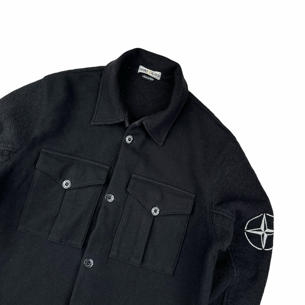 Stone Island 90s Black Wool Collared Buttoned Knit Compass Jumper - Large