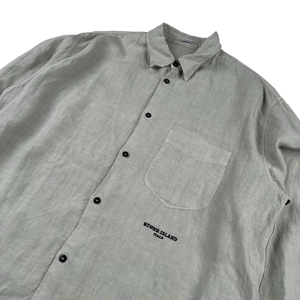 Stone Island 2005 Grey Lino Flax Spellout Collar Buttoned Shirt - XXL