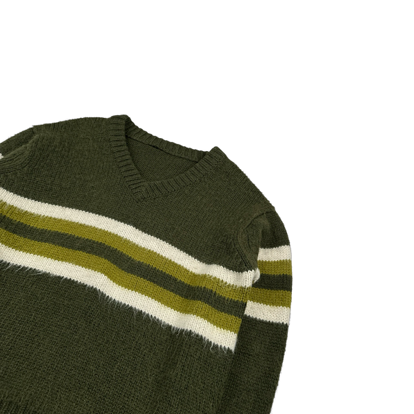 Prada Green Striped 100% Alpaca Wool V-Neck Jumper - XL