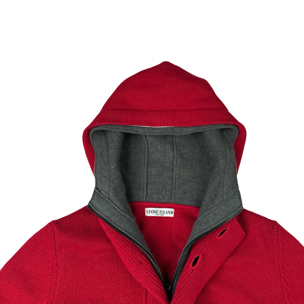 Stone Island 2009 Red Lined Hood Zipped Wool Knit - XXL