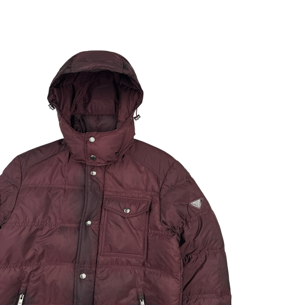 Prada Burgundy Triangle Logo Plaque Zipped Puffer Jacket - Medium