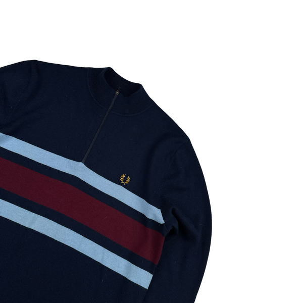Fred Perry Navy Quarter Zip Colour Block Knit - Large