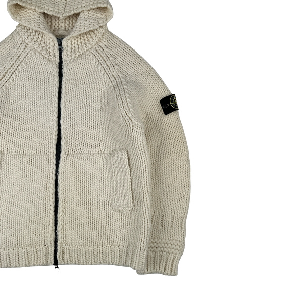 Stone Island 2022 Cream Heavyweight Lana Wool Knitted Zipped Hoodie - Large