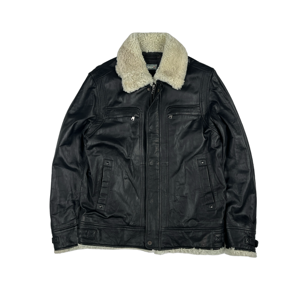 Armani Jeans 2000's Shearling Collared Multi Pocket Leather Jacket - Medium