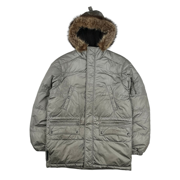 Prada Silver Coyote Fur Hood Black Tab Parka Jacket - Small