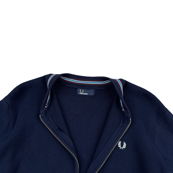 Fred Perry Navy Zipped Collared Knit Jumper - Large