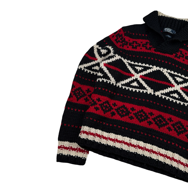 Ralph Lauren Red/Navy Wool Cable Hand Knit Jumper - Large