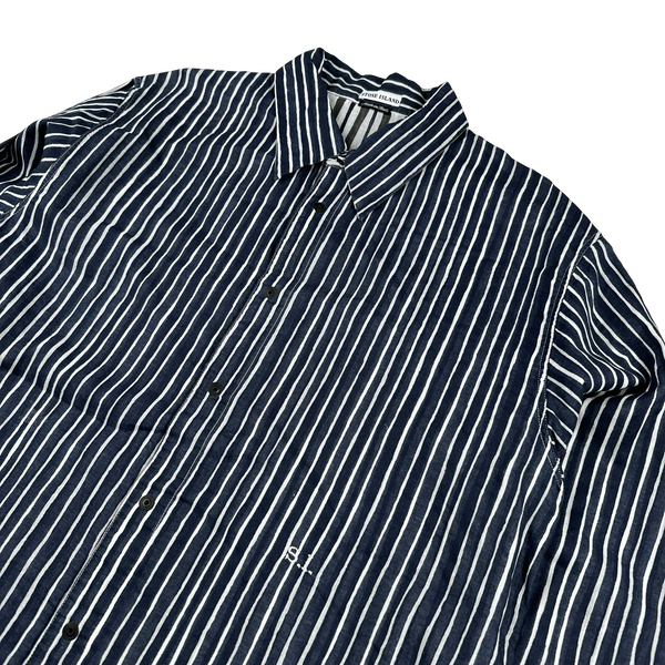 Stone Island 2003 Navy Painted Striped Linen Shirt - XL