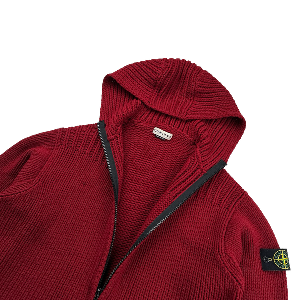 Stone Island 2001 Red Heavyweight Wool Zipped Hoodie Knit Jumper
