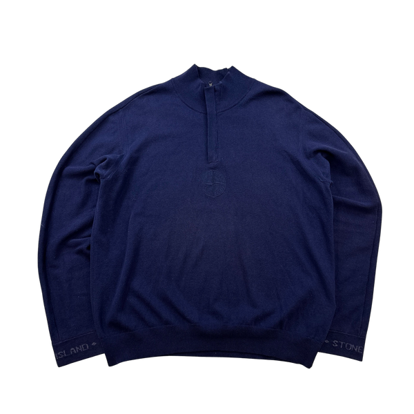 Stone Island 2022 Blue Compass Logo Quarter Zip Soft Knit - Large