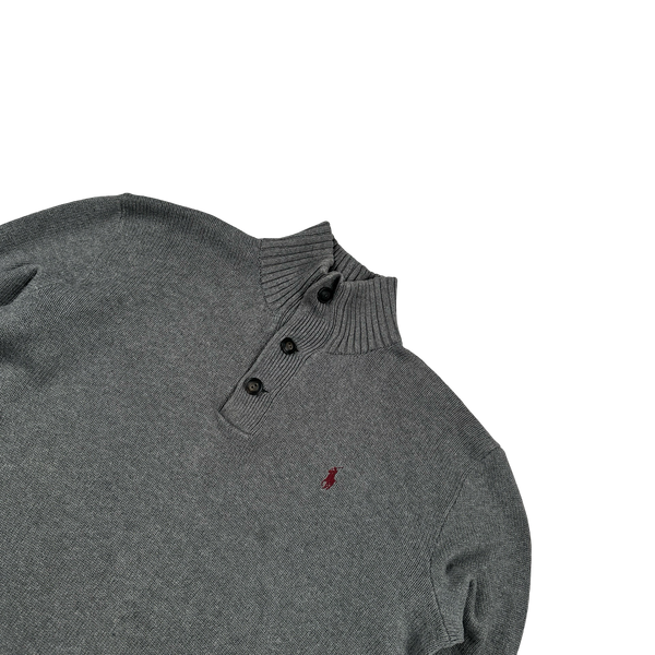 Ralph Lauren Grey Cotton Knit Quarter Button Jumper - Medium