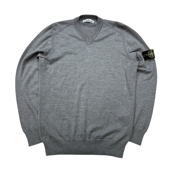 Stone Island Grey V Neck Wool Jumper - Large