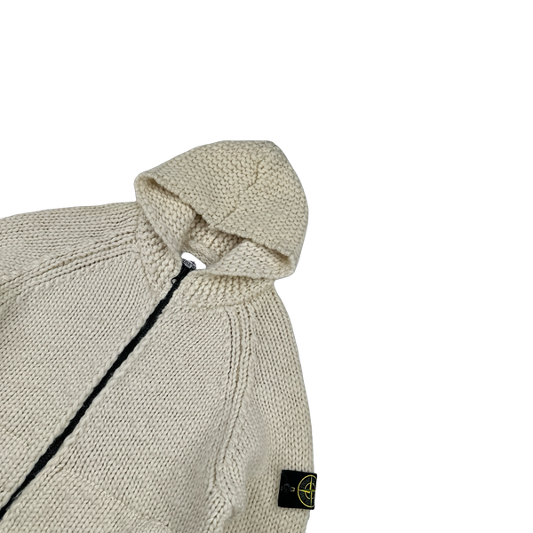 Stone Island 2022 Cream Heavyweight Lana Wool Knitted Zipped Hoodie - Large