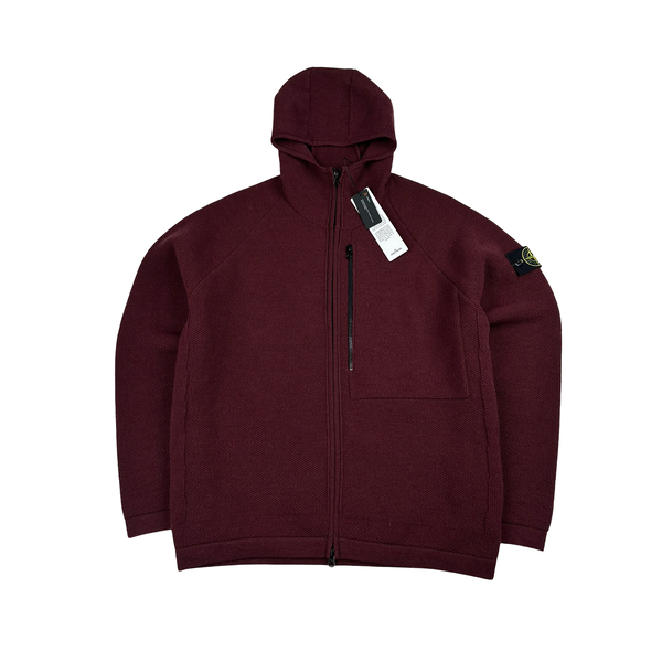 Stone Island 2025 Burgundy Stretch RWS Wool Knit Zipped Jumper - Large