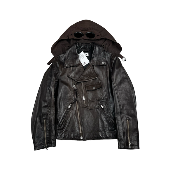 CP Company Dark Brown Heavyweight Leather Vintage Goggle Jacket - XS