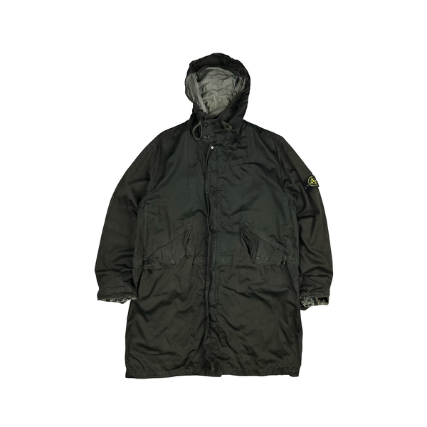 Stone Island Vintage Khaki Green Raso Gommato Long Jacket - XL