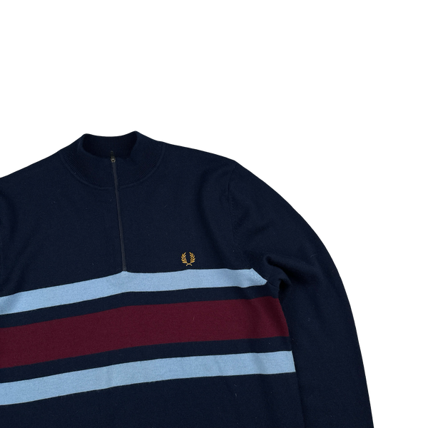 Fred Perry Navy Quarter Zip Colour Block Knit - Large