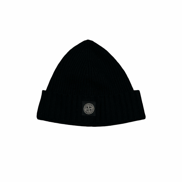 Stone Island Black Ribbed Logo Patch Beanie
