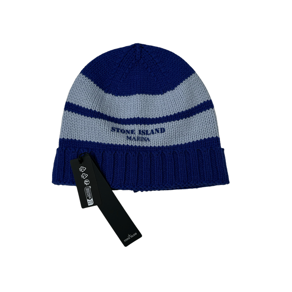 Stone Island 2025 Marina Blue Striped Pure Wool Spellout Beanie