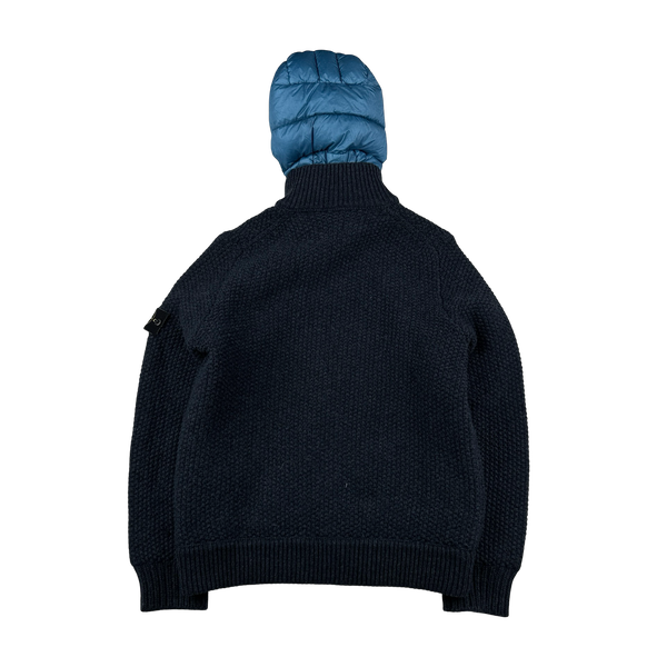 Stone Island 2013 Navy Wool Knit Garment Dyed Down Hood Jumper - XL