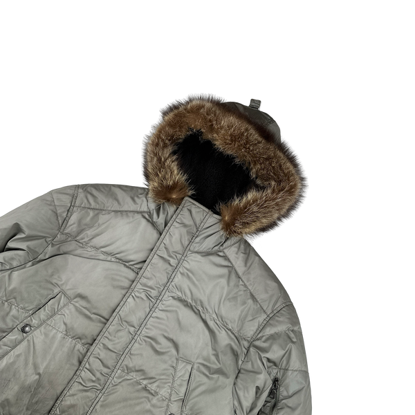 Prada Silver Coyote Fur Hood Black Tab Parka Jacket - Small