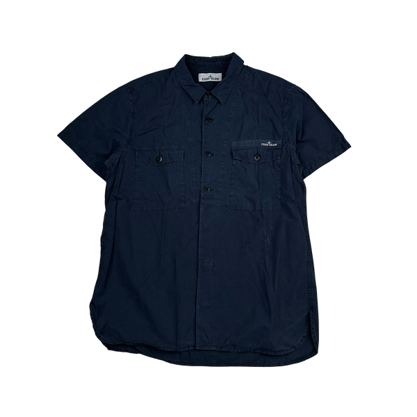 Stone Island 2014 Navy Cotton Spellout Buttoned Short Sleeve Shirt - XL