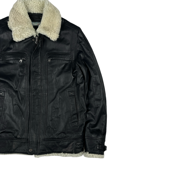 Armani Jeans 2000's Shearling Collared Multi Pocket Leather Jacket - Medium
