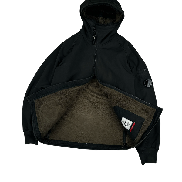 CP Company Black Teddy Fleece Lined Lens Viewer Hooded Jacket - Small