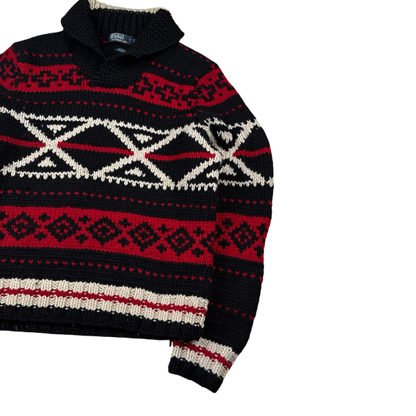 Ralph Lauren Red/Navy Wool Cable Hand Knit Jumper - Large