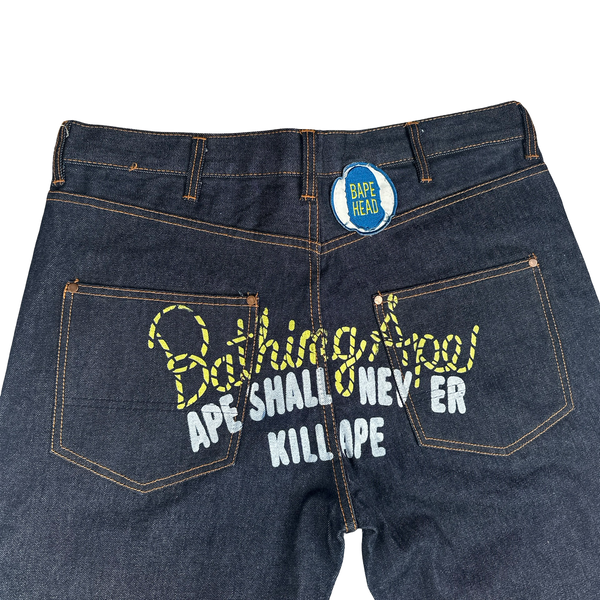 Bape Raw Denim Baggy Fit Spellout Graphic Jeans - 38