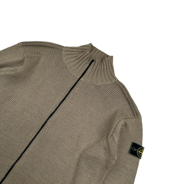 Stone Island 1999 Brown Cotton High Neck Zipped Knit Jumper - XL