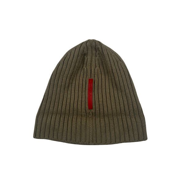 Prada Red Tab Light Olive Wool Spellout Beanie