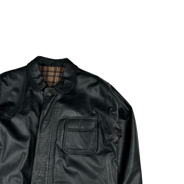 Black Heavyweight Plaid Lined Leather Jacket - Large
