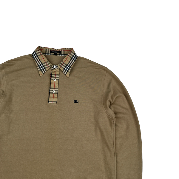 Burberry Nova Check Collared Cotton Long Sleeve Polo Shirt - Medium