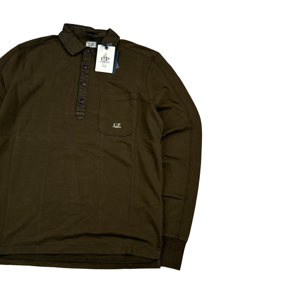 CP Company Khaki Longsleeve Spellout Cotton Polo Shirt - Large