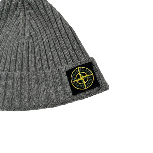 Stone Island Grey Ribbed Logo Patch Beanie