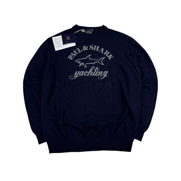 Paul & Shark Navy Wool Spellout Logo Crewneck - Large