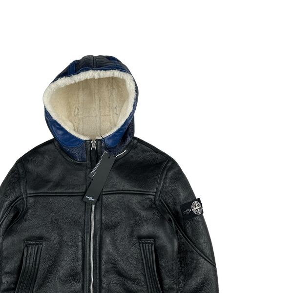Stone Island 2021 Black Leather Shearling Special Process Jacket - Age 10