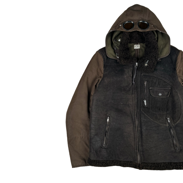 CP Company 2006 Dark Brown Multi Pocket Shearling Lined Goggle Jacket - XL