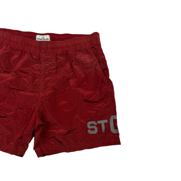 Stone Island 2016 Red Nylon Shimmer Reflective Spellout Swim Shorts - Large