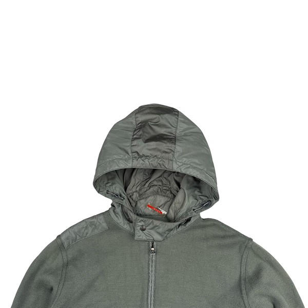 Prada Khaki Cotton Knitted Red Tab Zipped Hoodie - Large