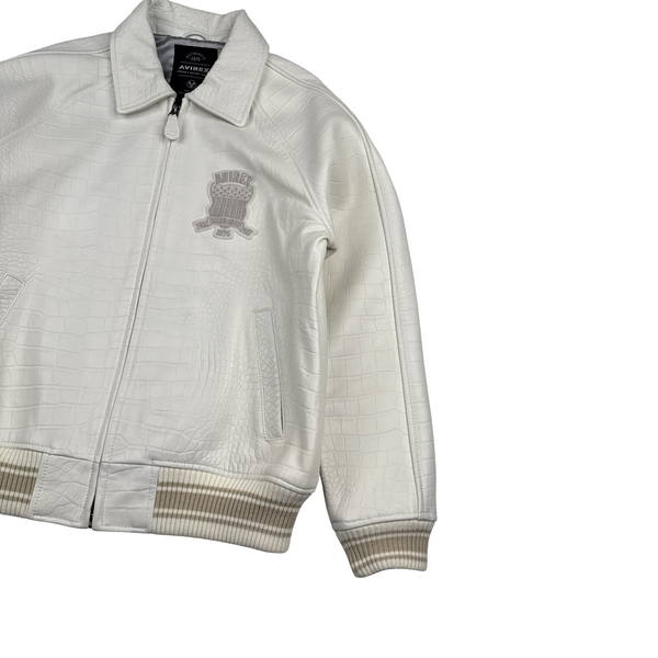 Avirex White Leather Spell Out Bomber Jacket - Medium