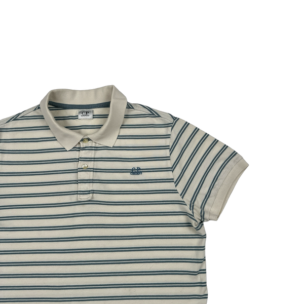 CP Company 2010 Blue Striped Spellout Cotton Short Sleeve Polo - Large