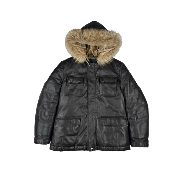 BAPE Nigo Era Brown Heavyweight Leather Fur Hooded Down Filled Jacket - Small