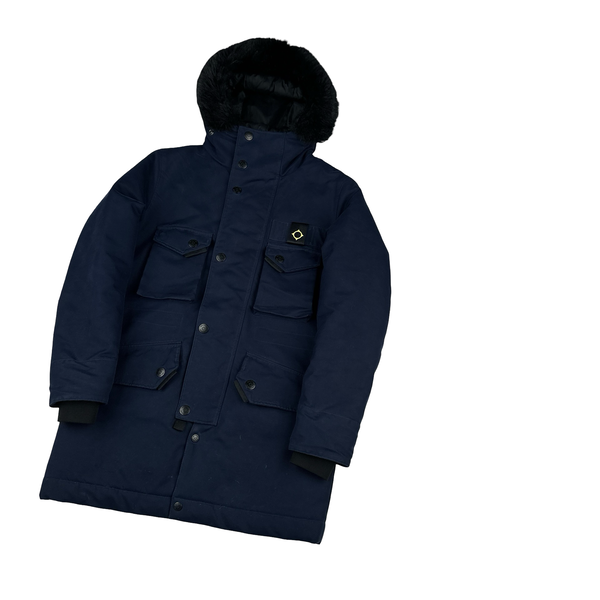 Ma Strum Navy Multi Pocket Long Quilted Fur Hood Trim Jacket - XS