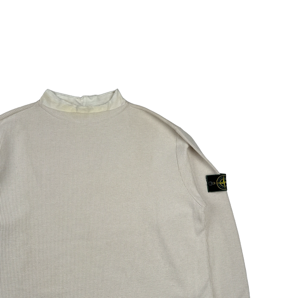 Stone Island 1999 Vintage White Mock Neck Ribbed Cotton Pullover - XXL